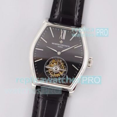 Swiss Replica Vacheron Constantin Malte Tourbillon Watch SS Black Dial Black Leather Strap